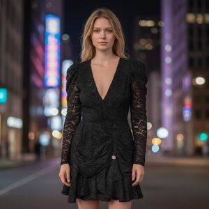 Veronica Beard Cromwell Black Lace Ruched Mini Dress Size 4 Evening Party